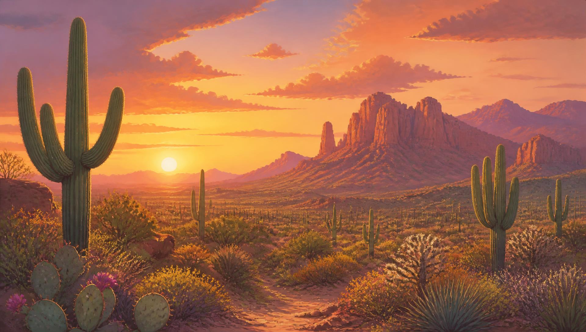 Sonoran desert at sunset with saguaro cacti and red rock mountains