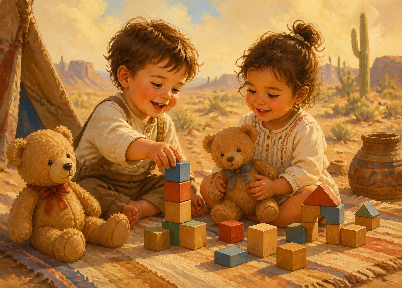 Toddlers playing with teddy bears and wooden blocks